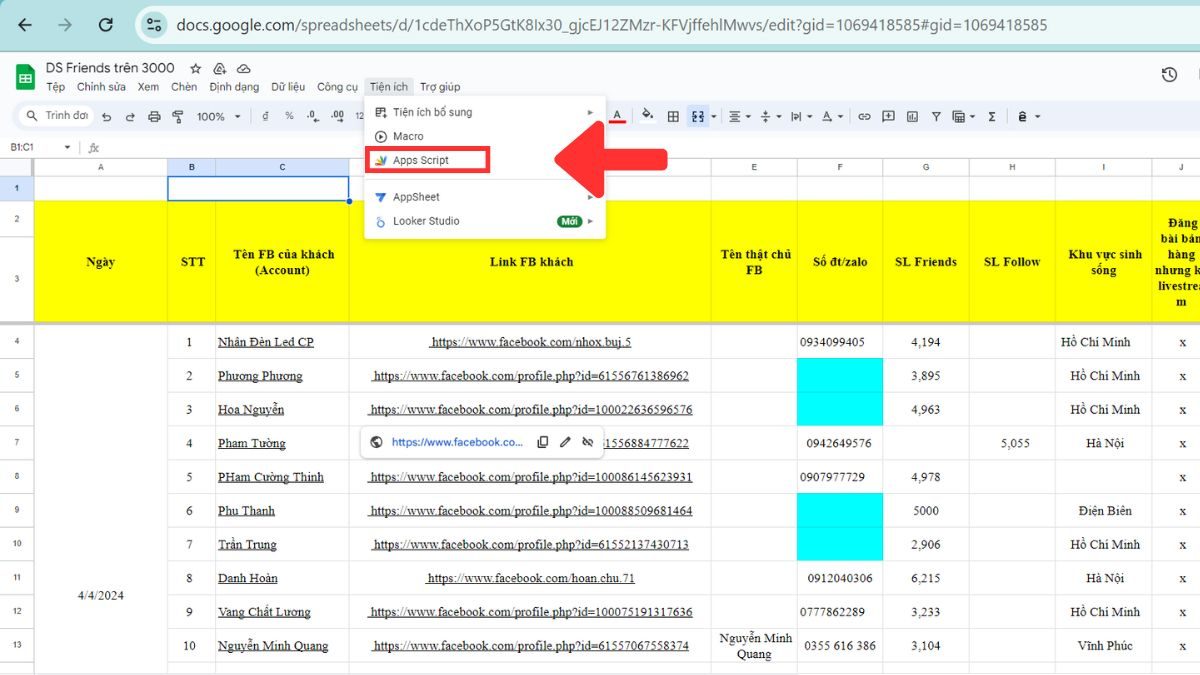 21 Mở Google Sheet và Truy Cập Trình Soạn Thảo Script